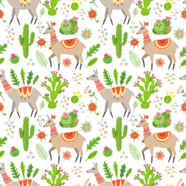 Lama ve kaktüsle kusursuz bir desen.