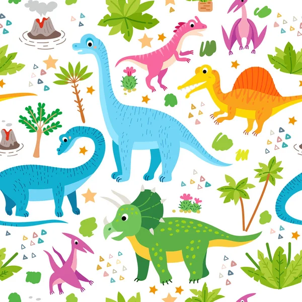 Un motif de dinosaures et de feuilles tropicales enfantines — Image vectorielle