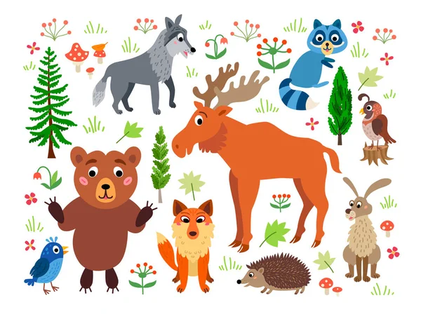 Bosque Bosque animales conjunto aislado en blanco — Archivo Imágenes Vectoriales