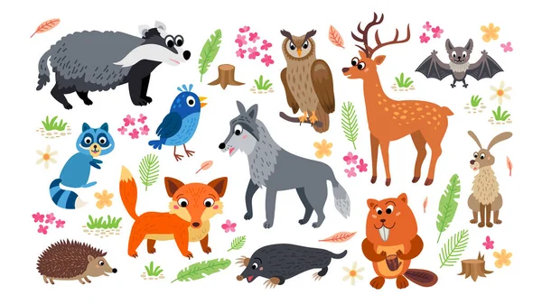 Bosque Bosque animales conjunto aislado en blanco — Archivo Imágenes Vectoriales