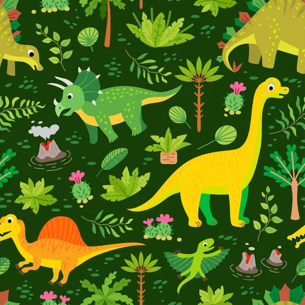 Un patrón de dinosaurios infantiles y hojas tropicales — Vector de stock