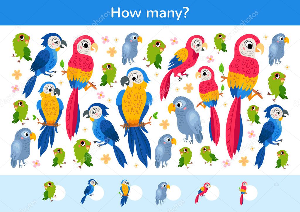 Counting children game of a tropical parrots.