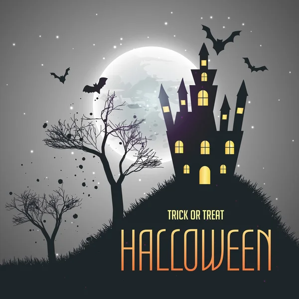 halloween house night sky background with moon and flying bats