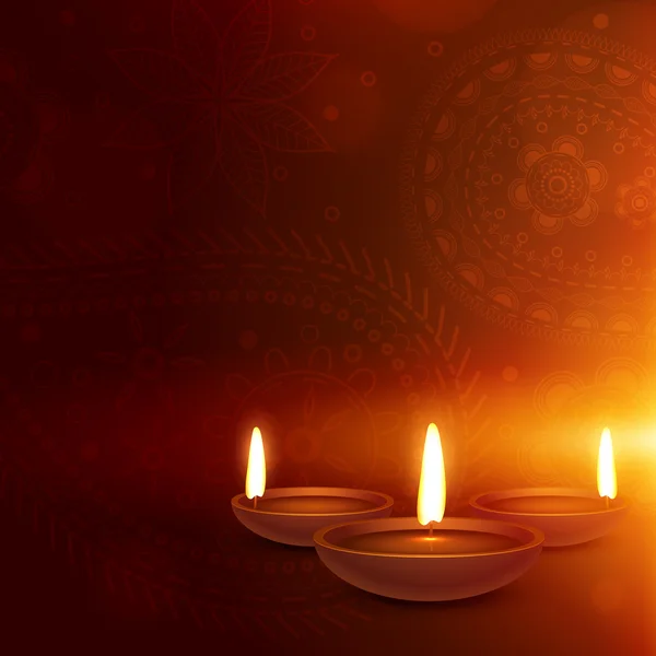 Etnik desenli arka plan ile üç diya. Diwali tebrik — Stok Vektör