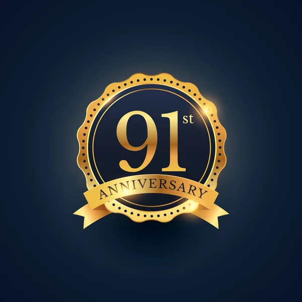 Etiqueta de la insignia de celebración del 91 aniversario en color dorado — Archivo Imágenes Vectoriales