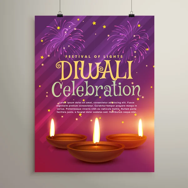 Diwali celebration flyer background with three realistic diya — Stock vektor