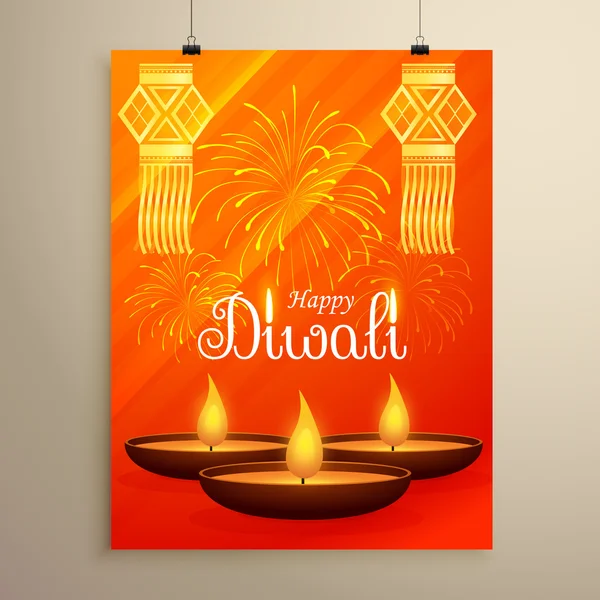 diwali festival flyer design with diya, fireworks and hanging la