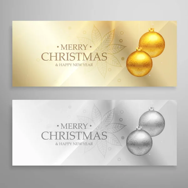 Set premium de dos banderas de Navidad con bola de oro y plata — Vector de stock