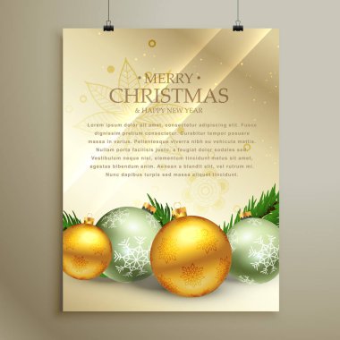 Noel flyer şablonu tasarım gerçekçi topları dekorasyon ile