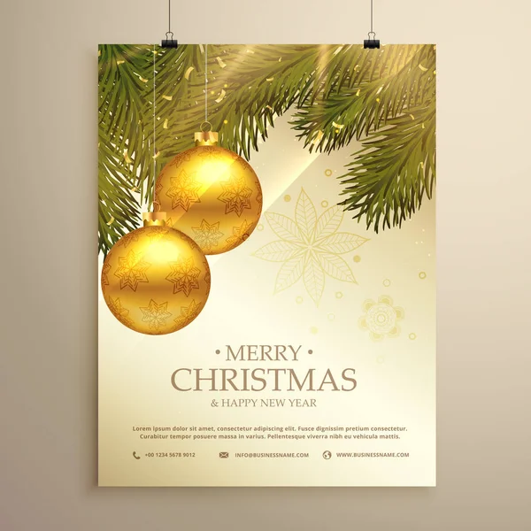 Hermosa plantilla de folleto del festival de Navidad con bolas y hojas — Vector de stock