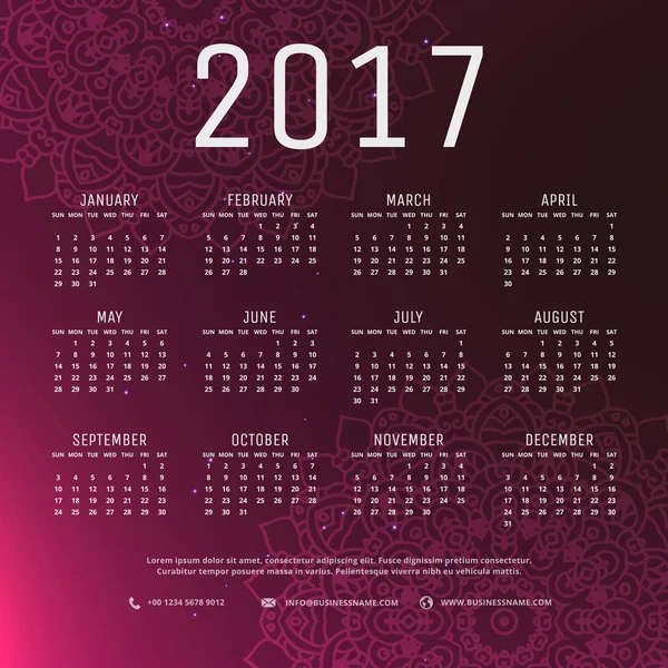 2017 new year calender in purple background and mandala art — Stock Vector