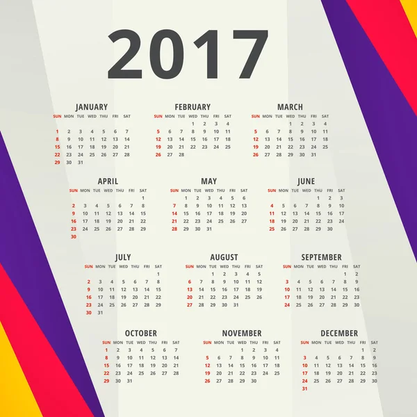 New year 2017 calendar design template with colorful shapes — Stock Vector