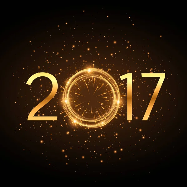 Golden 2017 new year text with glowing glitter effect and firewo — Stock Vector
