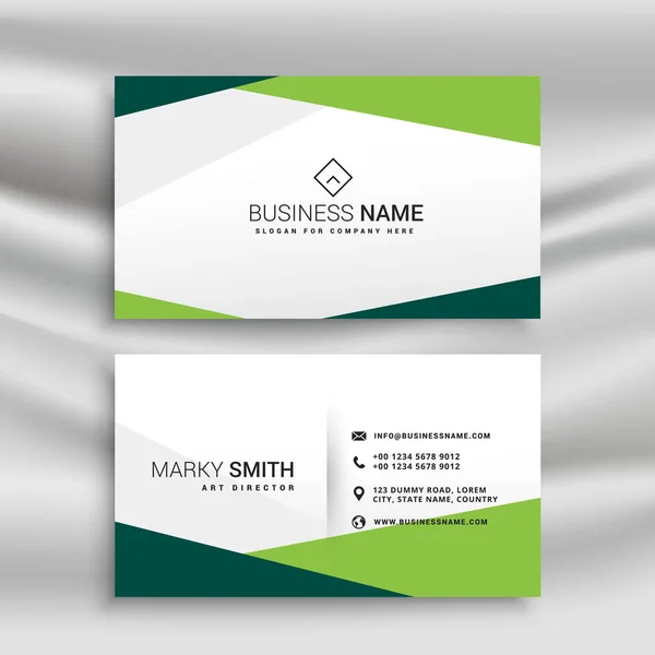 green and white business card with abstract geometric shapes