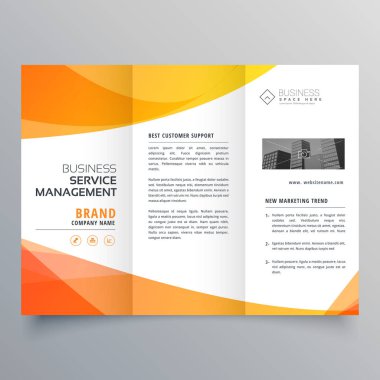 modern orange trifold brochure template in wave style clipart