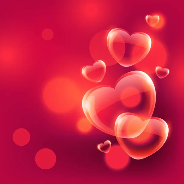 Hermoso amor corazones burbujas flotando en el aire en rojo bokeh backg — Archivo Imágenes Vectoriales