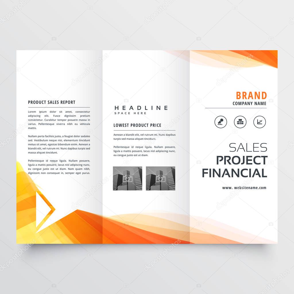 company trifold brochure design with yellow wave