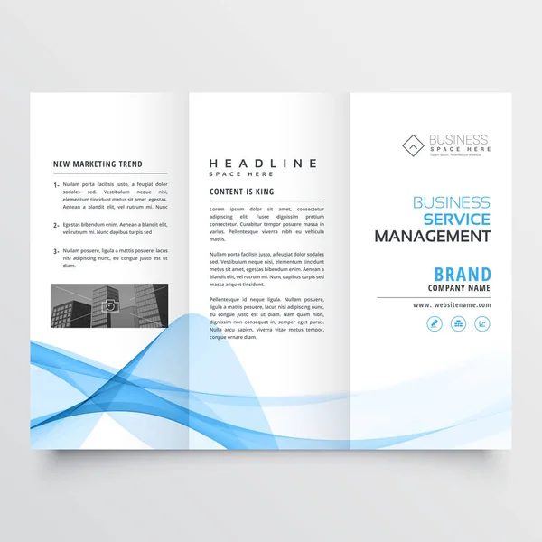 business tri-fold brochure design with blue abstract wavy shape