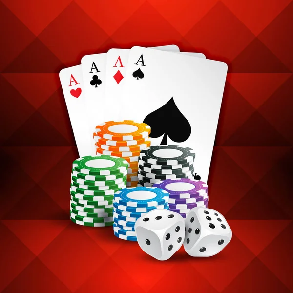 Jouer aux cartes avec des pièces de casino et des dés — Image vectorielle
