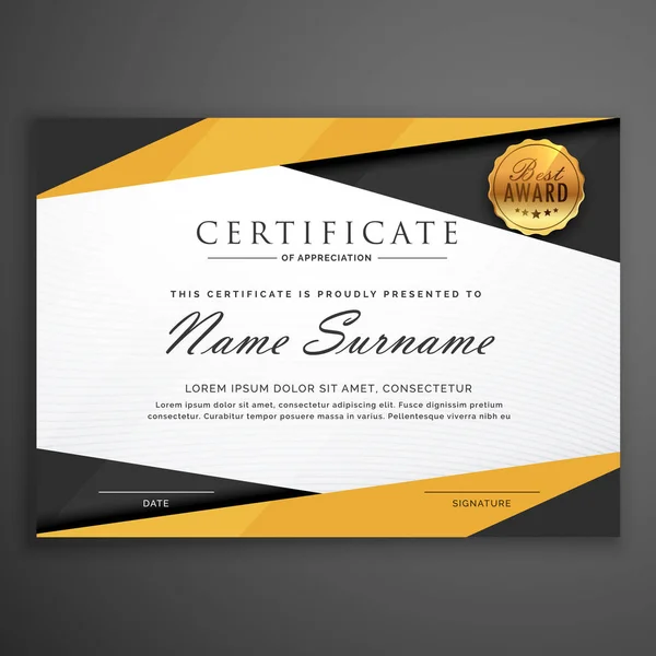 Sarı ve siyah geometrik sertifika Ödülü tasarım şablonu — Stok Vektör