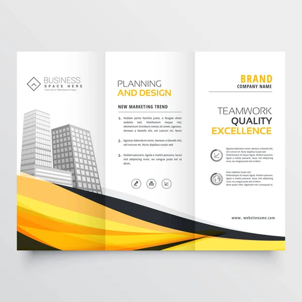 Stylish yellow wave trifold brochure design template for your bu — Stock Vector