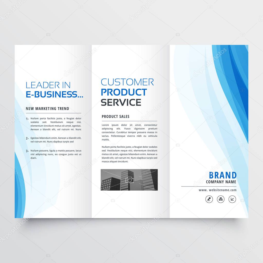 trifold brochure design template with blue wavy shapes