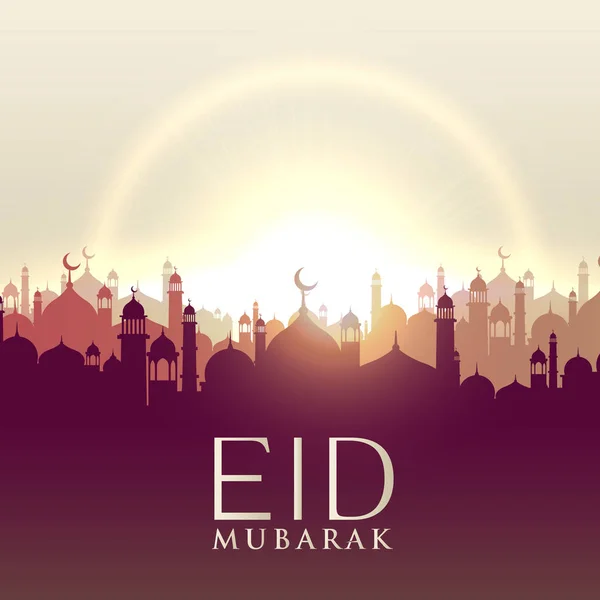Eid mubarak karte mit moschee silhouetten — Stockvektor
