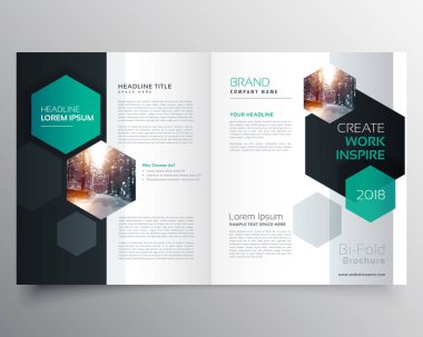 bifold business brochure or magazine cover page design with hexa clipart
