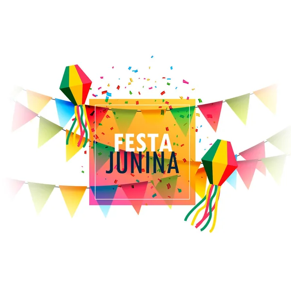 Diseño de la tarjeta de felicitación de vacaciones festa junina con guirnalda y confe — Vector de stock