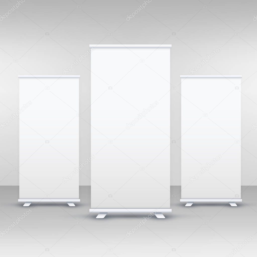 three standee or rollup banner display mockup