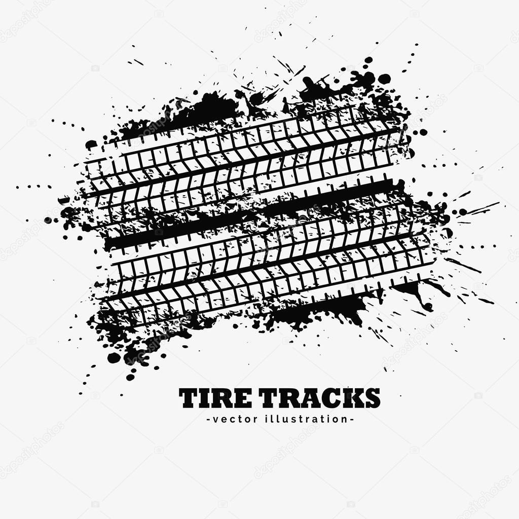 abstract grunge tire tracks with ink splatter background
