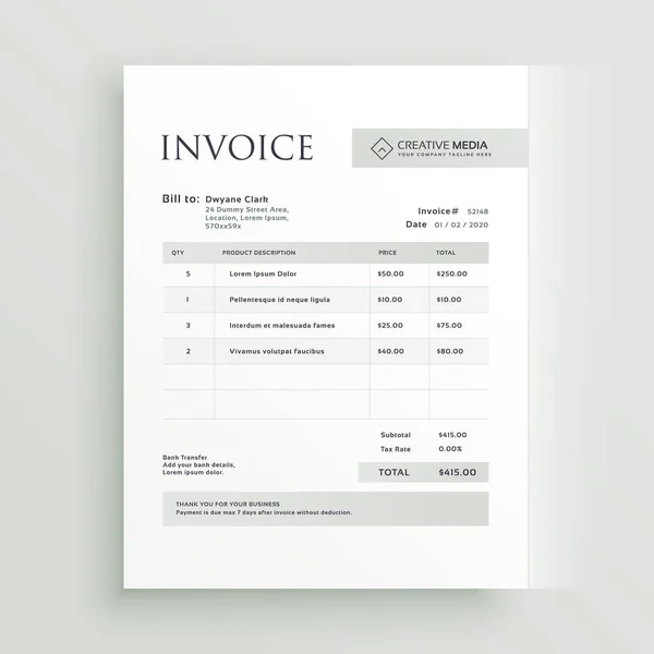 Progettazione vettoriale modello modulo fattura minima — Vettoriale Stock