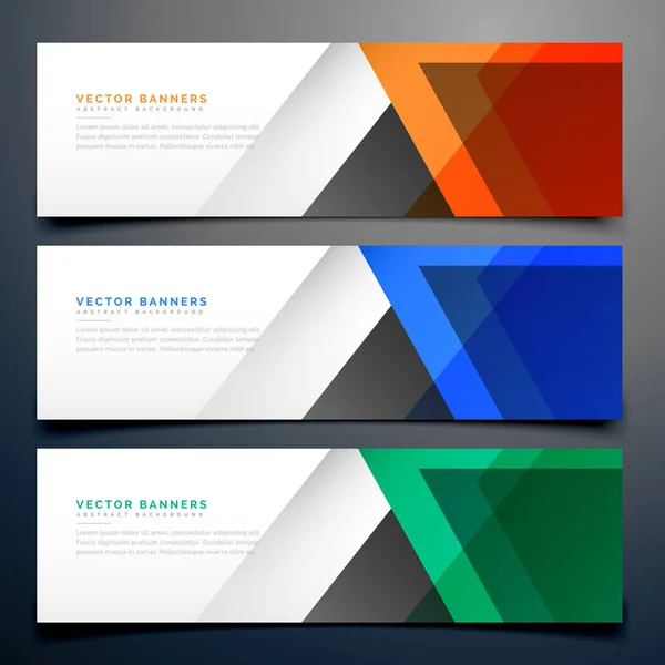 Banner geometrici astratti in tre colori diversi — Vettoriale Stock