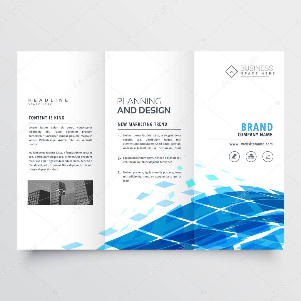 corporate tri fold brochure design with blue abstract shapes