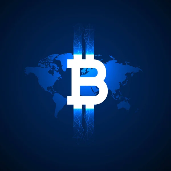 Digitális bitcoin szimbólum-világ megjelenítése vektor háttér feletti — Stock Vector