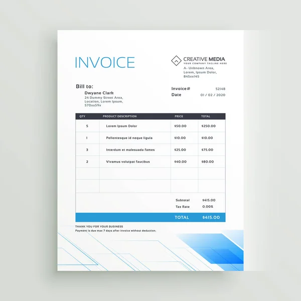 Design-Vektor für blaue Rechnungsvorlagen — Stockvektor