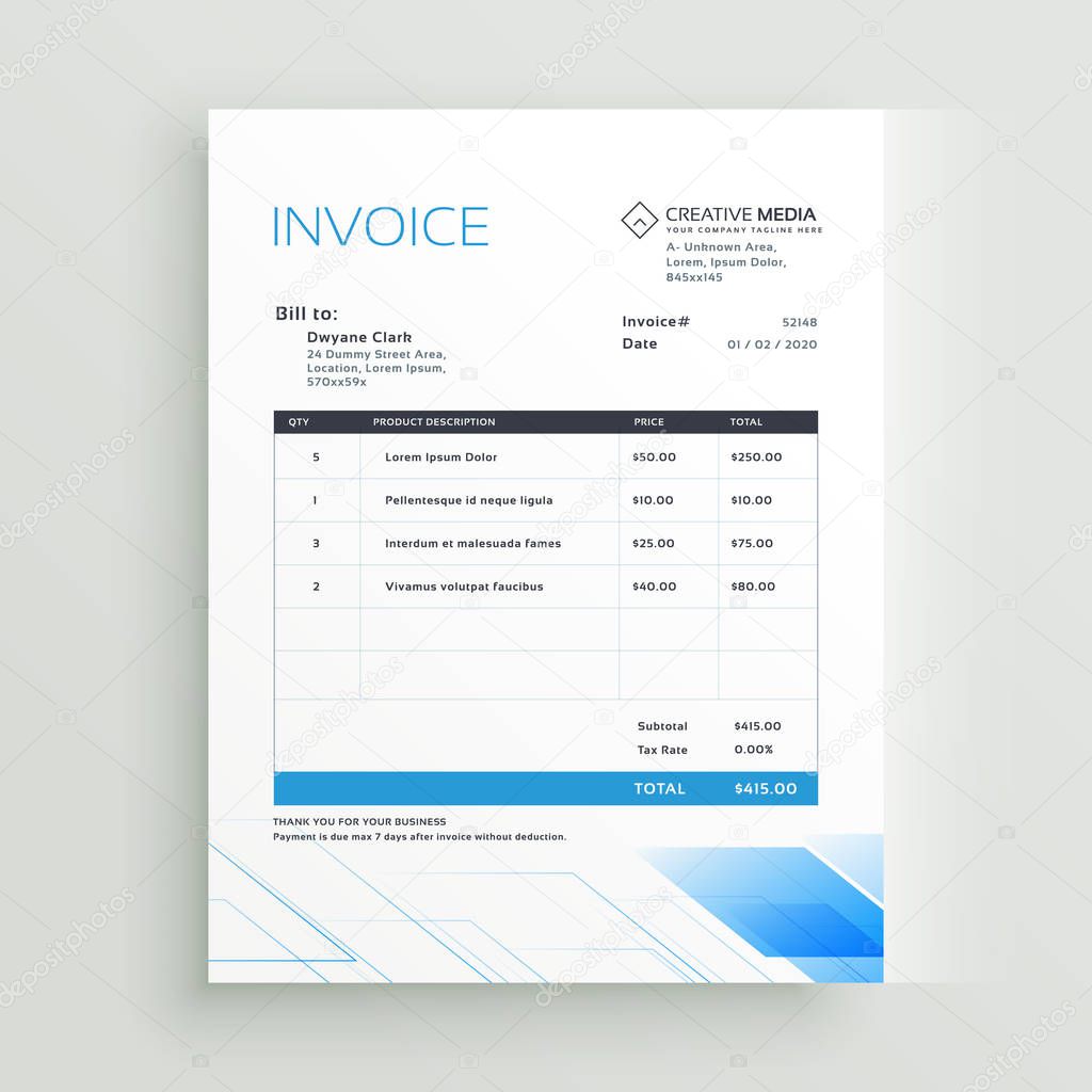 blue invoice template design vector