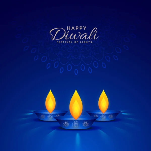 Illustration of burning diya on blue background for happy diwali — Stock Vector