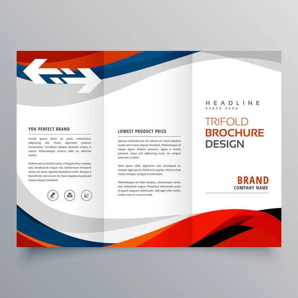 Elegante onda rossa e blu affari tri piega brochure design temperatura — Vettoriale Stock