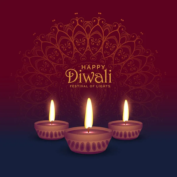 Beautiful diwali greeting card design with three diya lamps — Stock Vector