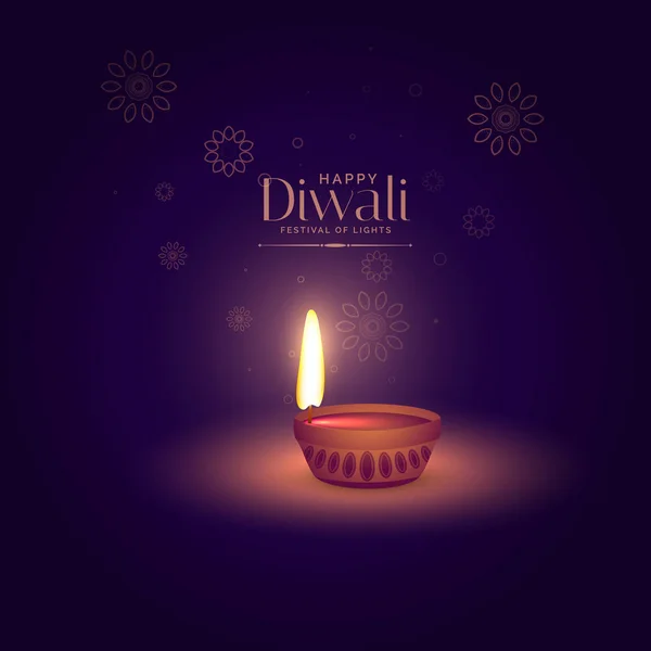 Elegante sfondo felice diwali con luce concentrandosi su diya — Vettoriale Stock