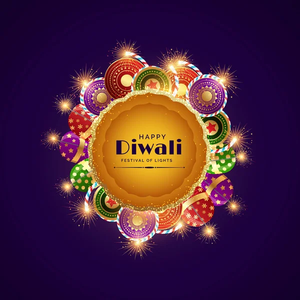 Ευτυχισμένο diwali εορτασμό φεστιβάλ χαιρετισμό με καύσης κροτίδες — Διανυσματικό Αρχείο