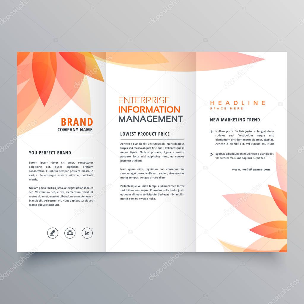 beautiful orange leaf tri fold business brochure vector design