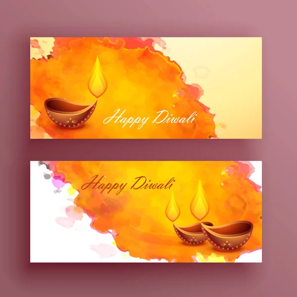 Diwali-Banner Karte mit Diya und Aquarell-Effekt — Stockvektor