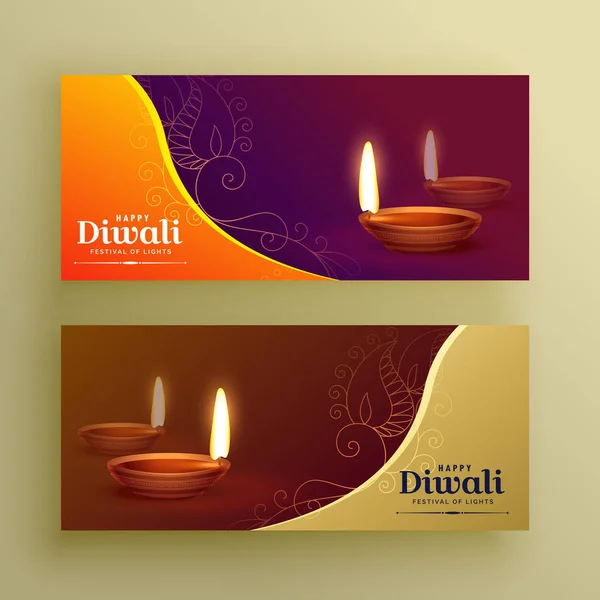 Diwali festival bannery karta s diya a květinové prvky — Stockový vektor