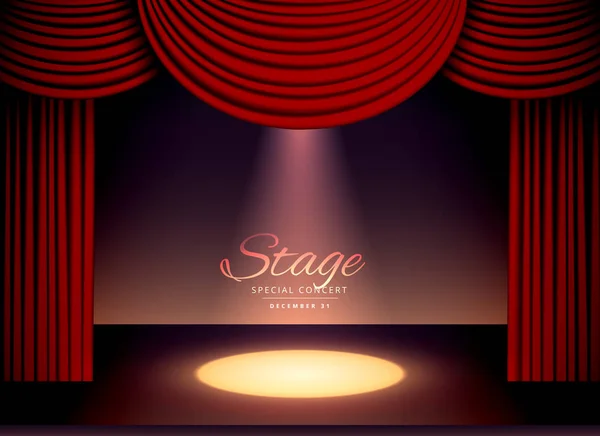 Tiyatro Filistinliyi kırmızı perdeler ve düşen spot ışığı ile — Stok Vektör