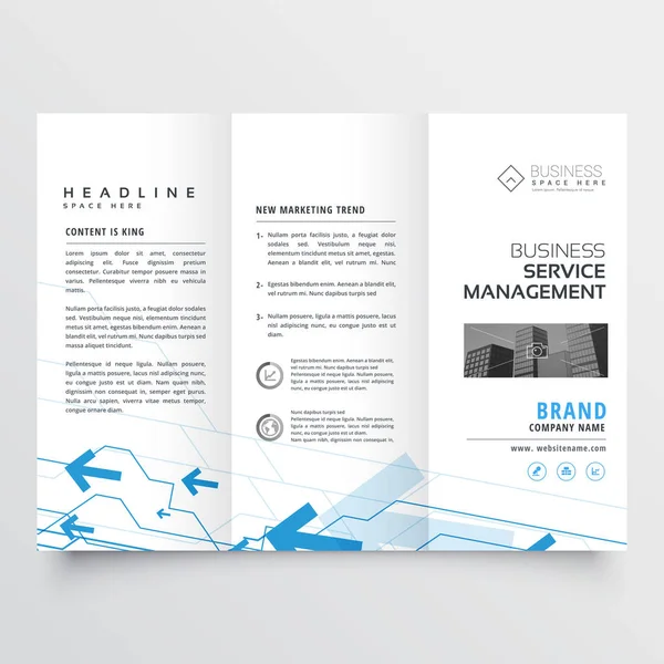 Blue arrow design on trifold business brochure — Stock Vector