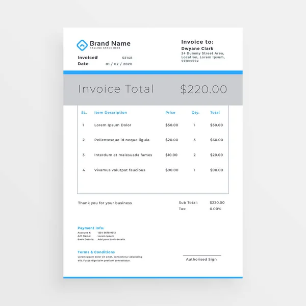 Minimal style invoice template design — Stock Vector