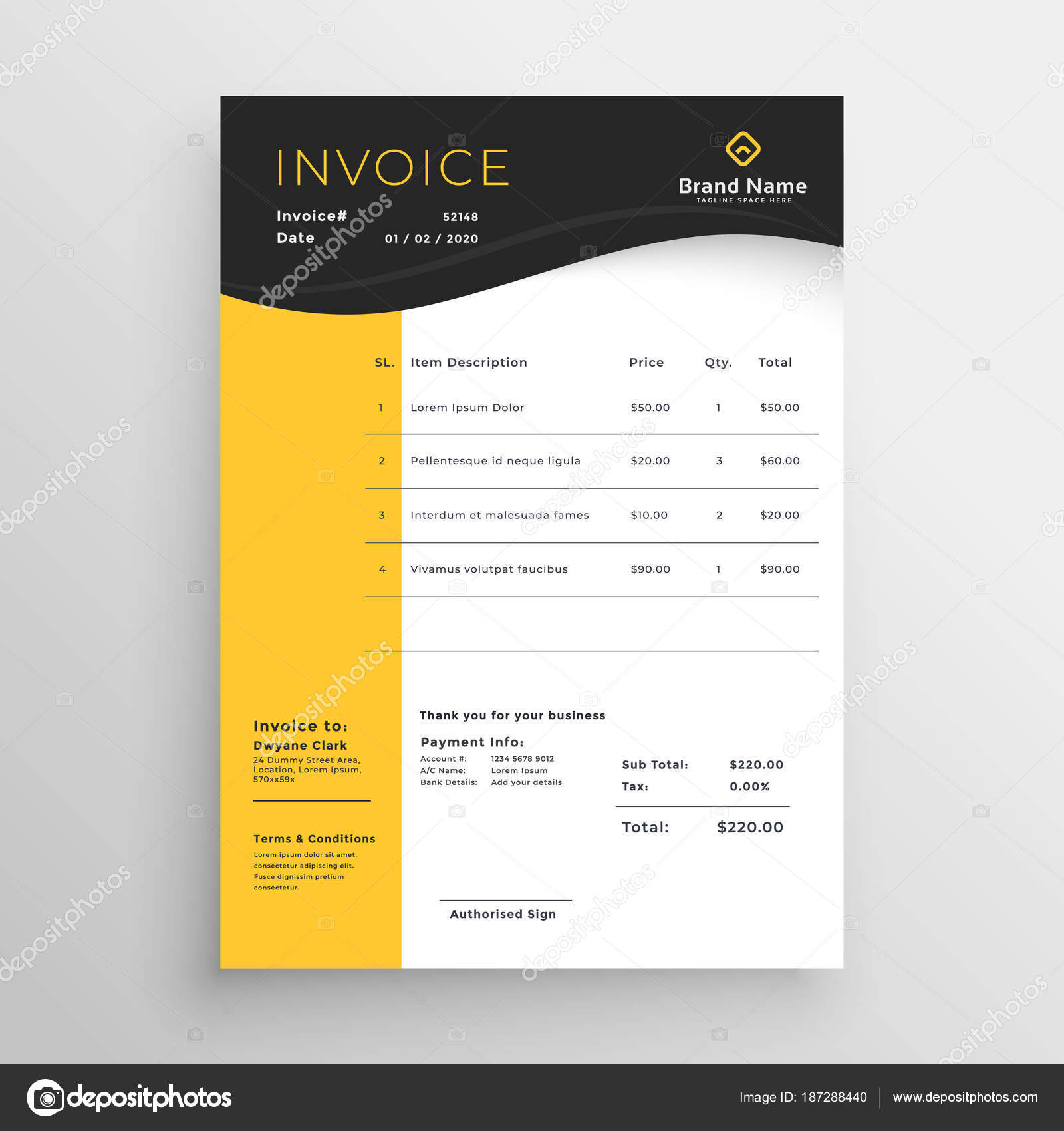 Modern yellow black vector invoice template design Stock Vector Within Black Invoice Template