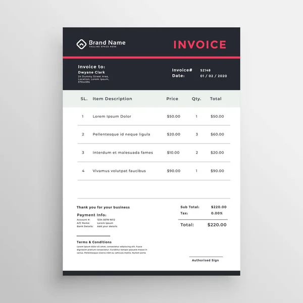 Dark business invoice vector template — Stock Vector